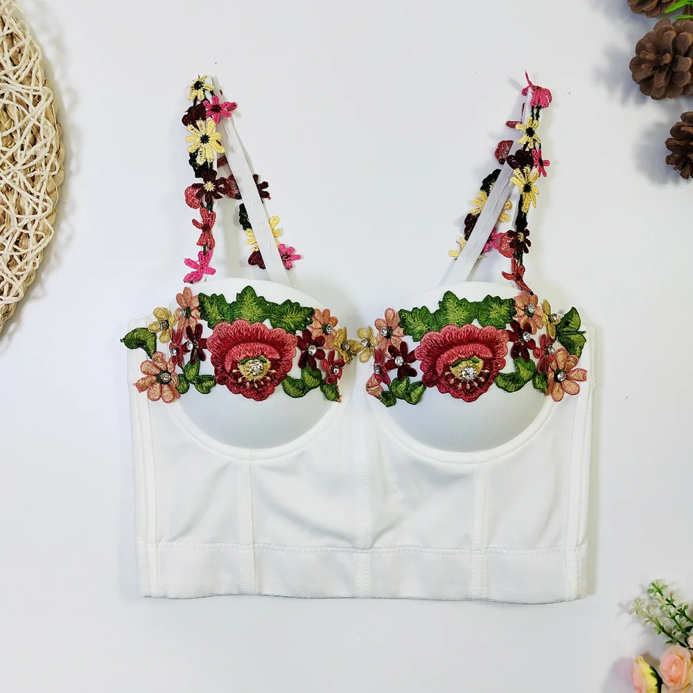 European and American Girls Sweet Strap Stitching Flower Embroidery Fishbone Slim Fit Hot Girl Lace Vest Wrapped Chest