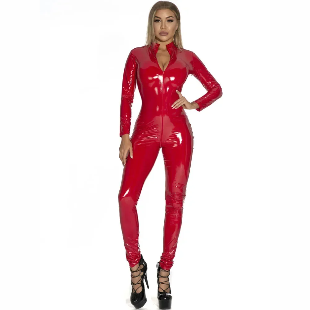 Sexy Hot Wet Look PVC Catsuit Glänzendes PU-Leder Langarm Zwei-Wege-Reißverschluss Offener Schritt Body Strumpfhosen Cosplay Verbunden 2024 Neu – Detail 9