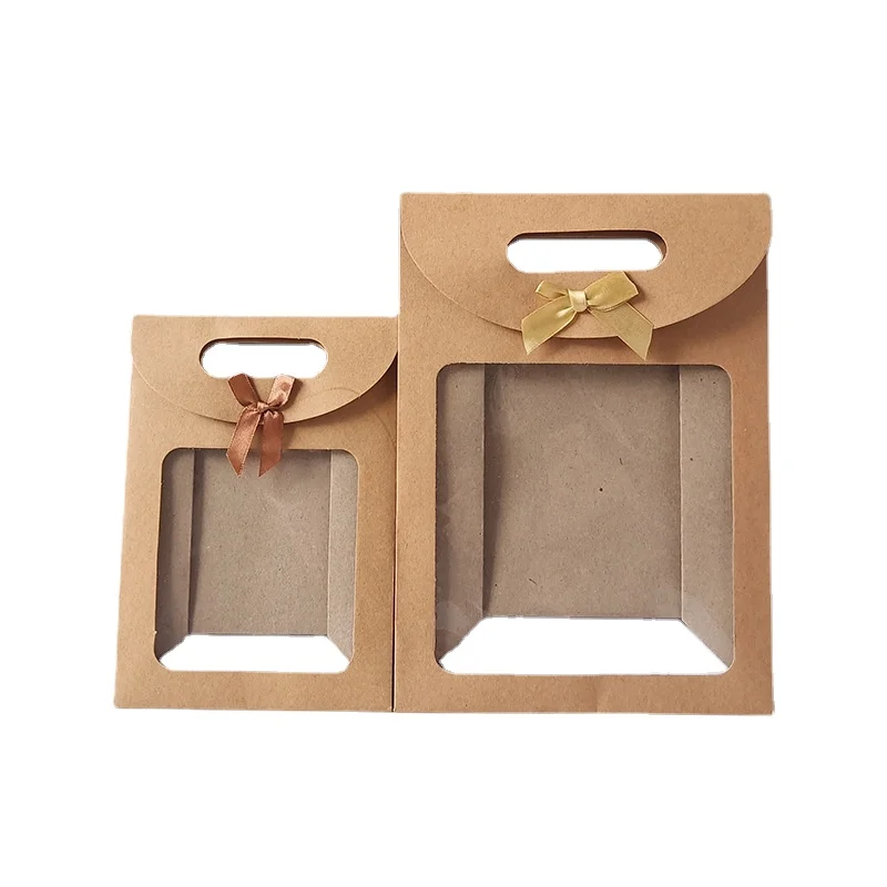 12/24/48pcs Kraft Paper Flip Open Window Tote Bag with Ribbon Bow Wedding Birthday Party Gift Packaging Handbag Cookie Candy Bag