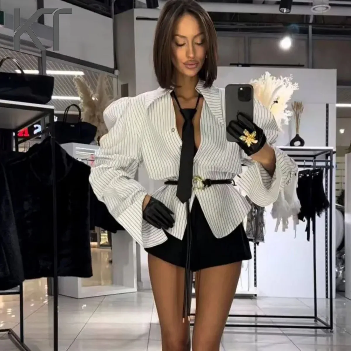 

KT Elegant Striped Puff Sleeve Shirt For Women Oversized Collar V Neck Asymmetric Hem Blouse Casual Daily Wear Tops