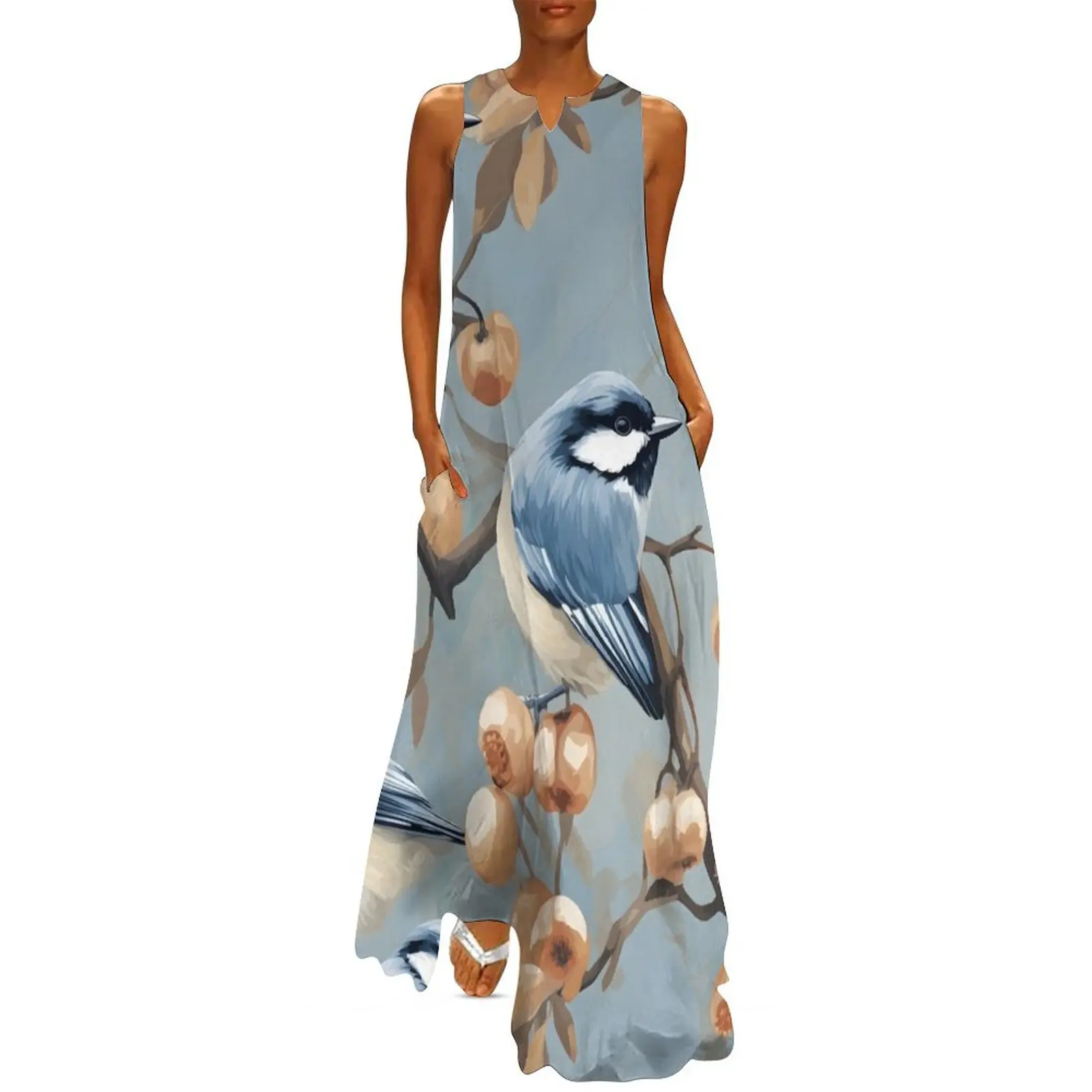 

Charming Blue Tit Birds on Peach Branches Pattern Long Dress Summer women"s clothing Woman fashion prom dresses 2024