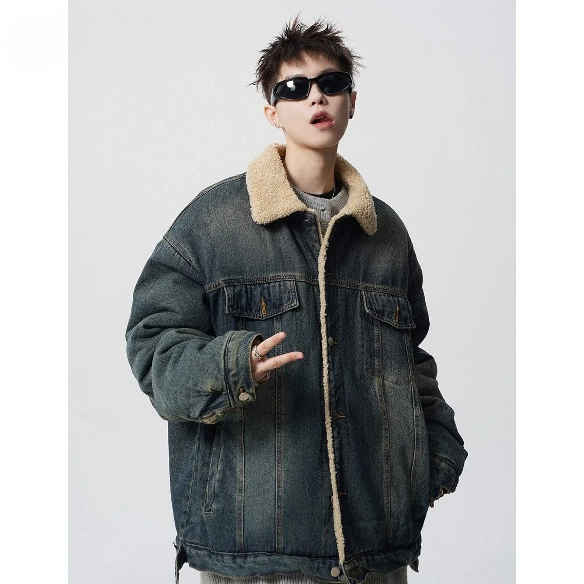 Fleece Solid Lapel Denim Cotton Jacket Men Autumn Winter High Quality  Washed Couple Casual Thickened Fashion Coats