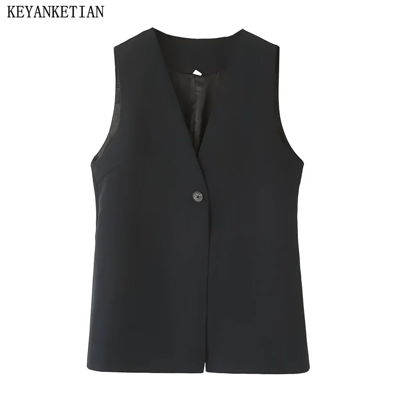 

KEYANKETIAN 2024 New Launch Women Black Waistcoat Fashion Simply One-Button Slim Mid-Length Vest Office Lady Sleeveles Thin Top