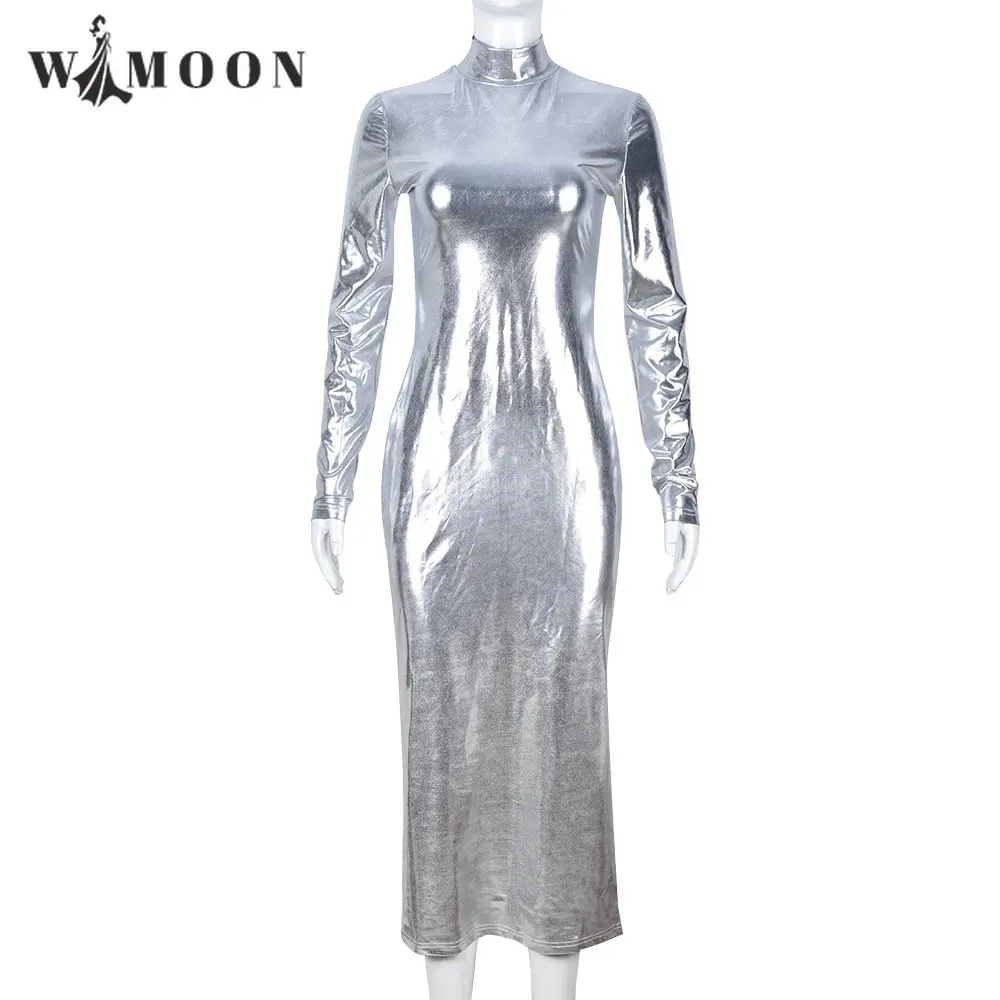 Silver Zipper Reflective Glossy Leather Long Sleeve Party Dress Women 2023 New Y2K High Strecth Bodycon Sexy Club Long Dress