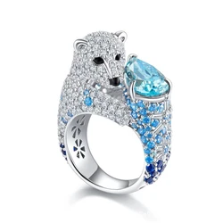 Bellux Original Jewelry Animal Series 925 Silver Gold Plated Zircon Full Diamond Polar Bear Ring