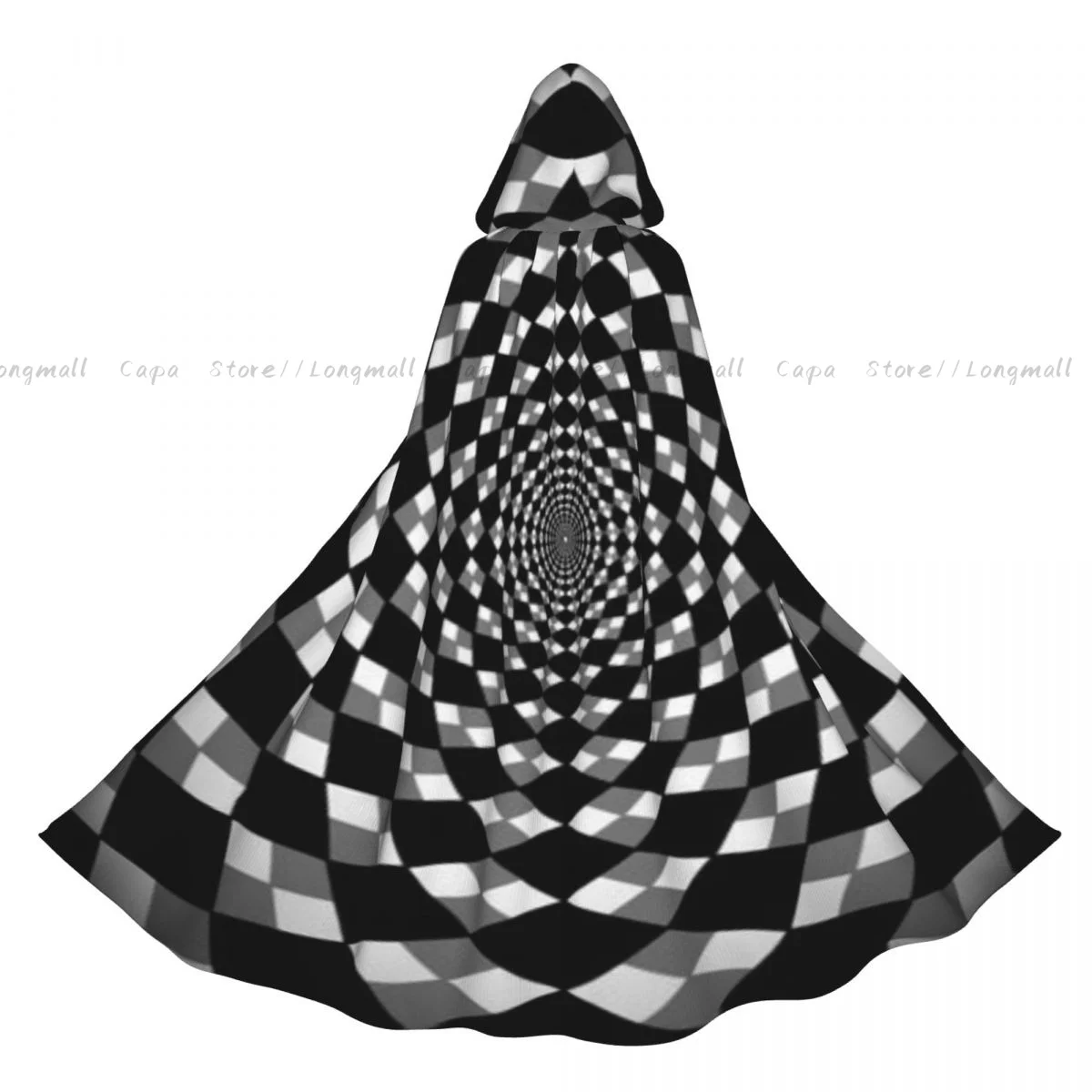 

Hypnotic Spiral Checkered Circle Art Cloak Hooded Cosplay Costume Halloween Adult Long Party Cape