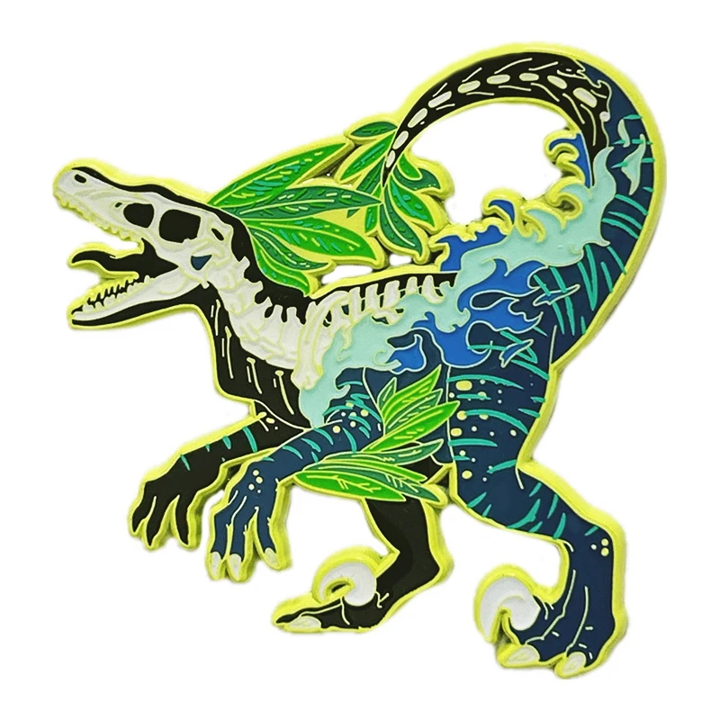 Trader Cartoon Handsome Jungle Dinosaur Pin Animals Composed Of Green And Blue Patterns Soft Enamel Plate Yellow Metal Badge