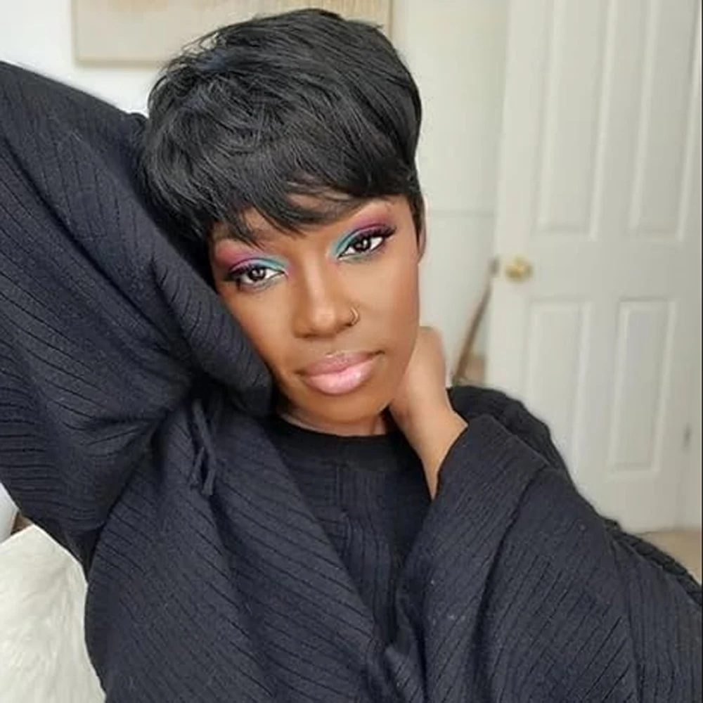 Pixie Cut Wig  Wear and Go Chocolate Brown  Short Human Hair Wigs for Black Women Full Machine Wigs with Bangs Daily Use