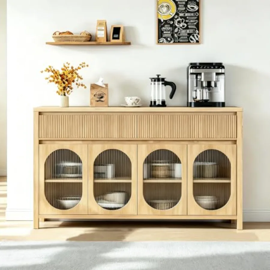 55 Modern Sideboard Buffet Cabinet with Storage for Dining Room, Wood Finish, Walnut Brown, Ample Concealed Storage and Sleek H