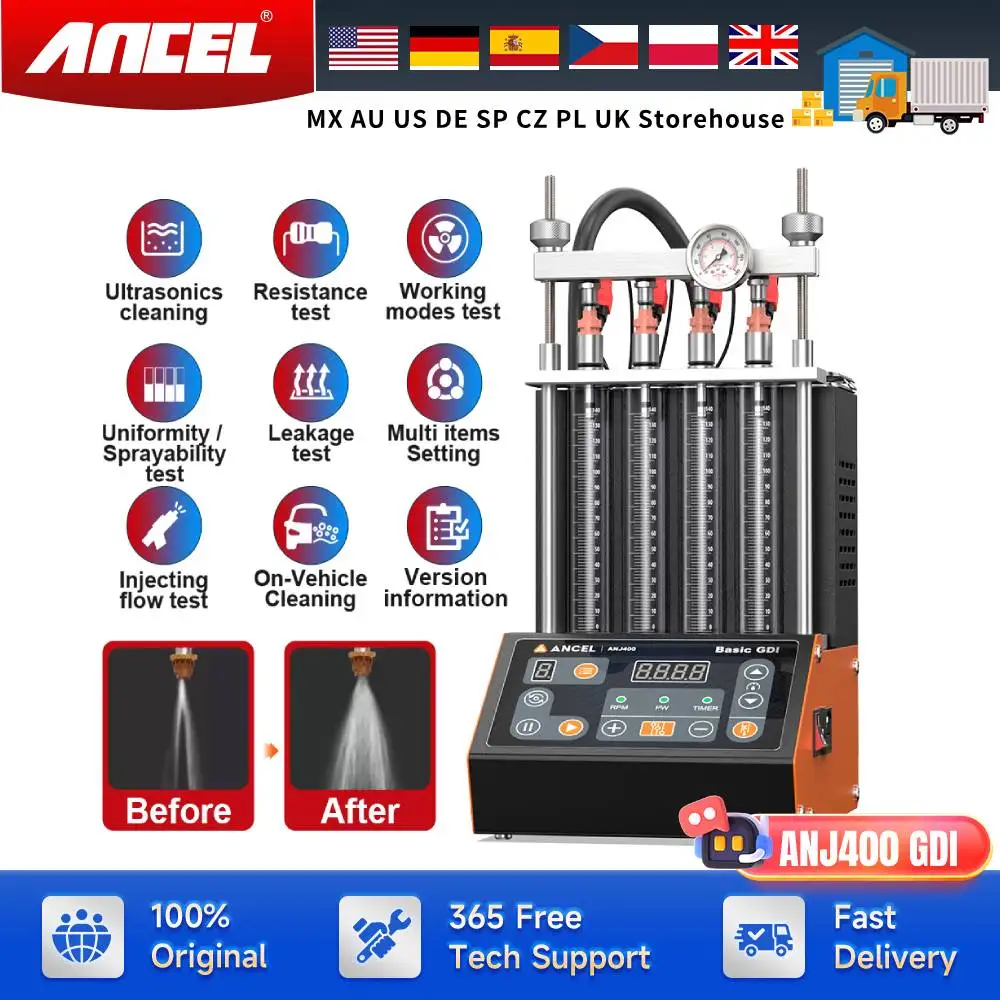

Автомобильный ультразвуковой очиститель топливных форсунок, тестер, машина для проверки утечек, 4-цилиндровый очиститель EFI FEI, тестовый очиститель ANCEL ANJ400 GDI