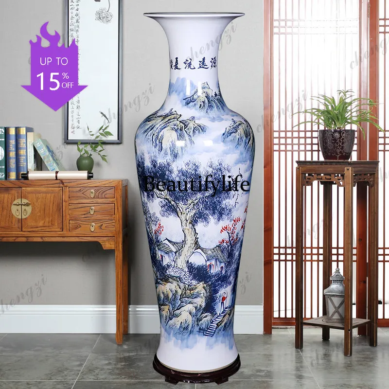 03 ceramic floor-to-ceiling vase hand-painted with a long history, Chinese-style living room flower arrangement decoration ornam