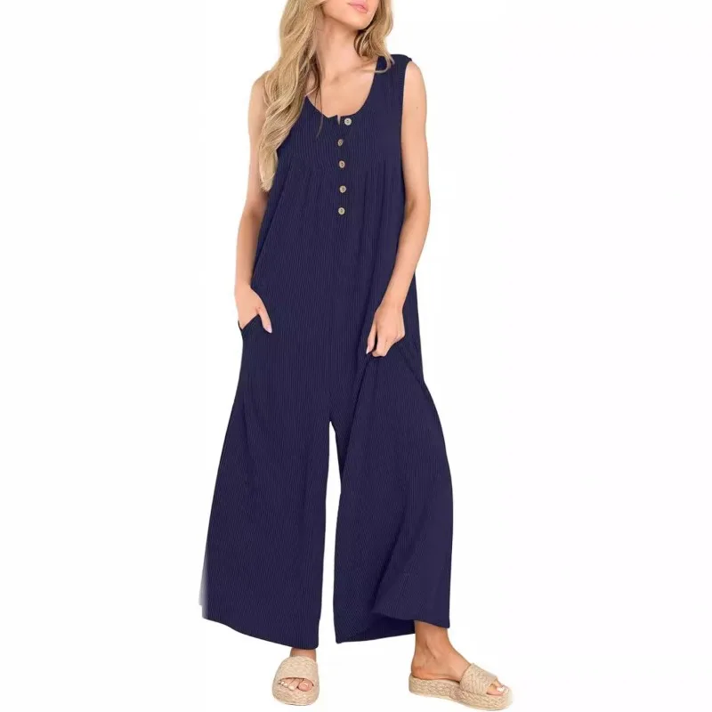 2024 New Pocket Jumpsuit Summer Women's European and American Style Small Fresh Casual Loose Women's Clothing