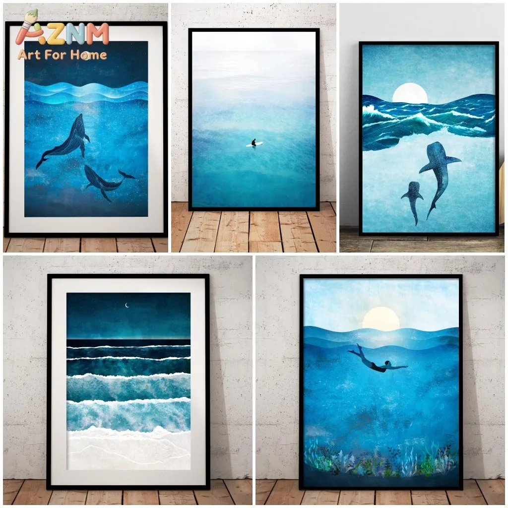 AZNM Blue Ocean Watercolor Canvas Print Whale Shark Surfer Diver Sea Wave Moon Scenery Unframed Canvas Wall Art Coastal Bedroom