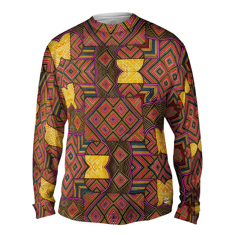 African Tribal Kuba T-shirts Men's Clothes Long Sleeve Round Neck Classic T-shirt 3D Printing Fashion Trend Autumn Tee Tops