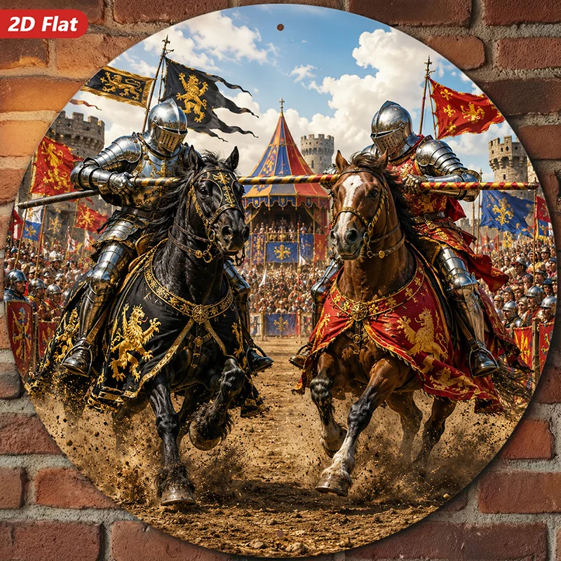 CIFBUY Medieval Jousting Knight Round Aluminum Wall Art, Waterproof Durable Metal Sign for Garden Entry Patio Indoor Outdoor