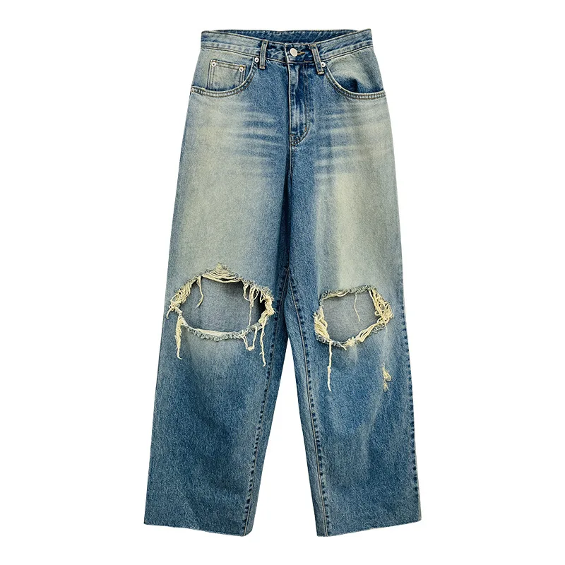 

2024 Jeanswomen's New Stylewomen's Spring/Summer New High Waist Beggar Hole Tassel Washed Old Straight Denim Jeans