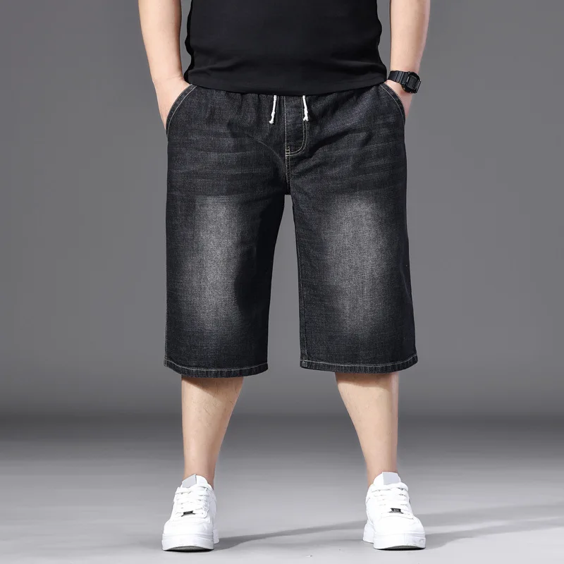 

Men Drawstring Elastic Waist Washed Denim Capri Shorts, Loose Fit Knee Length Jean Bermuda Shorts with Side Pockets