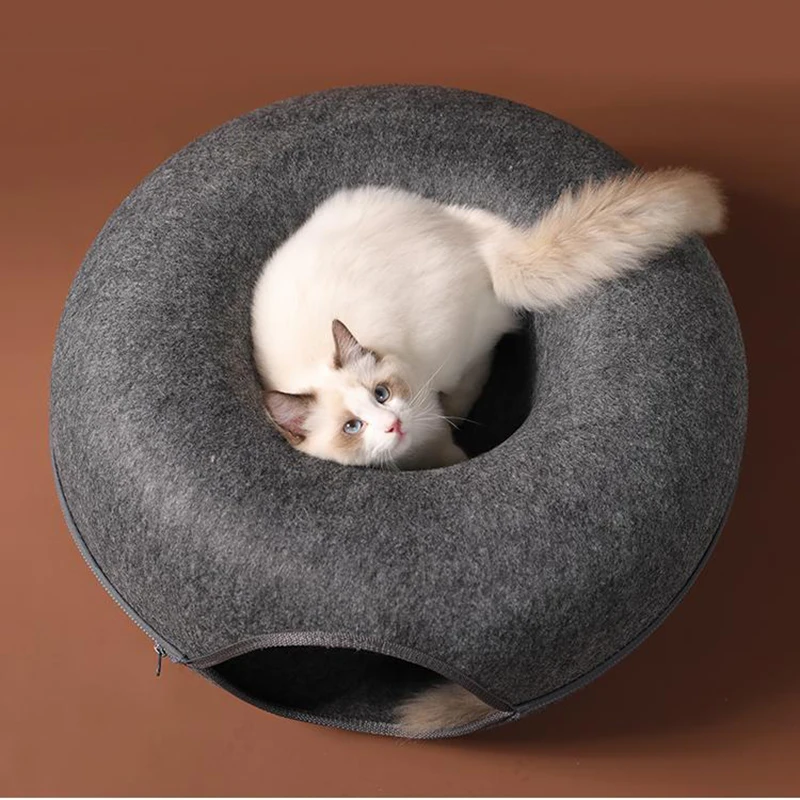 Donut Cat Bed Tunnel Interactive Bed Toy House for 2 Cats Felt Pet Cat Half Closed Cave Indoor Training Kennel Toy Pets Supplies