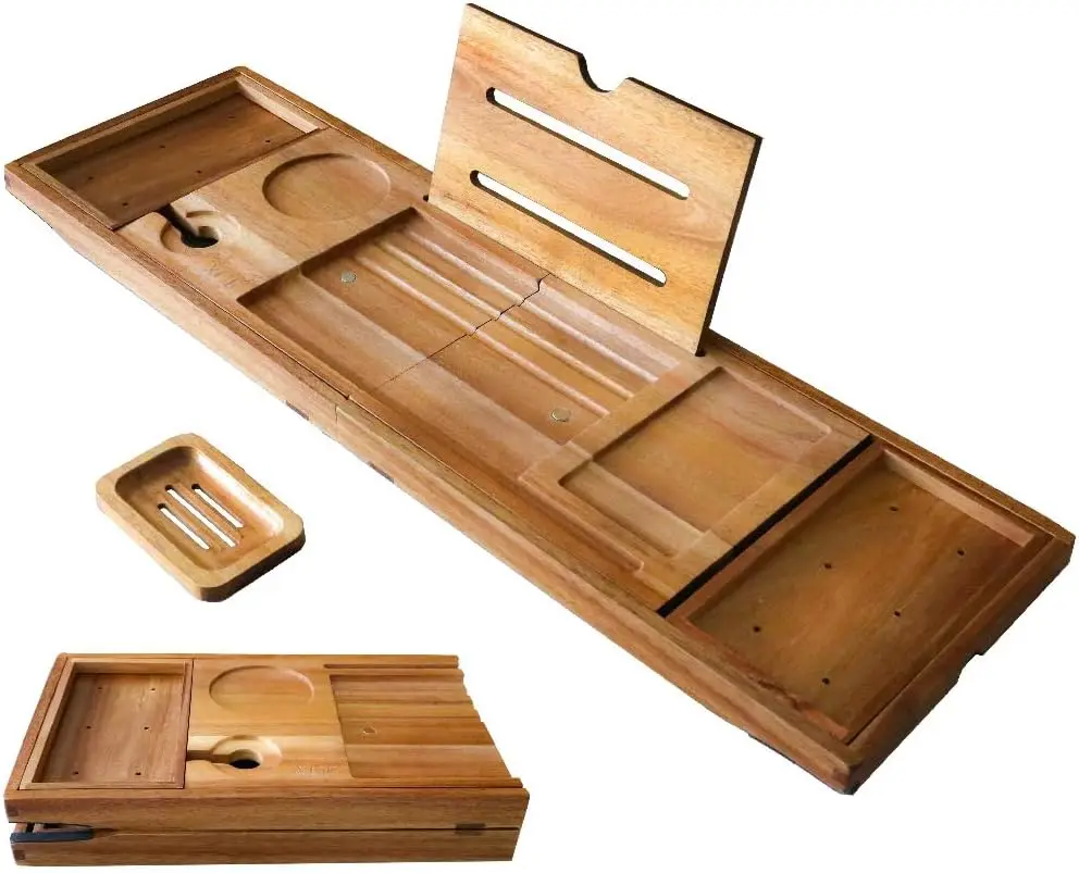 

Foldable Wood Bathtub Caddy Tray - Expandable to 40 Inches with Non-Slip Pads for Couples Luxury Bath