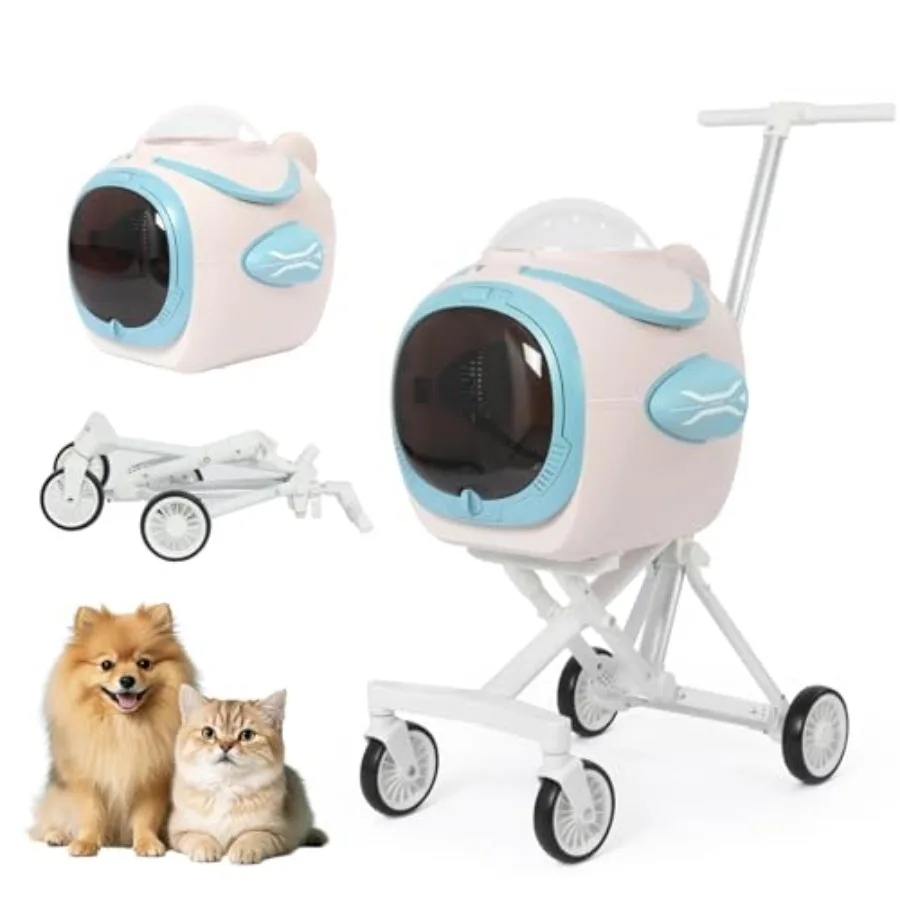 

4 in 1 Foldable Pet Stroller for Small Dogs Cats, Pink Space Capsule Travel Stroller with Detachable Carrier, Inbuilt Fan, Temp