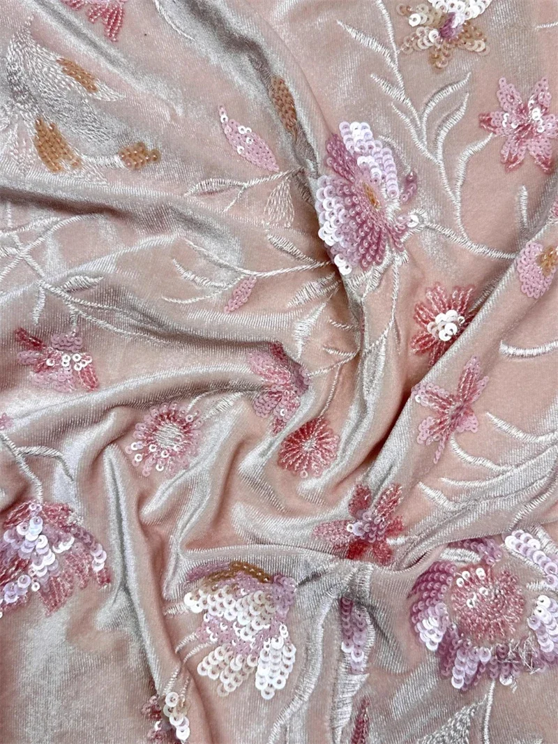 100% Silk Velvet Pink High Setting Bead Embroidered Dress Natural Silk Fabric 135 Width Handmade DIY Clothing Material By Meter