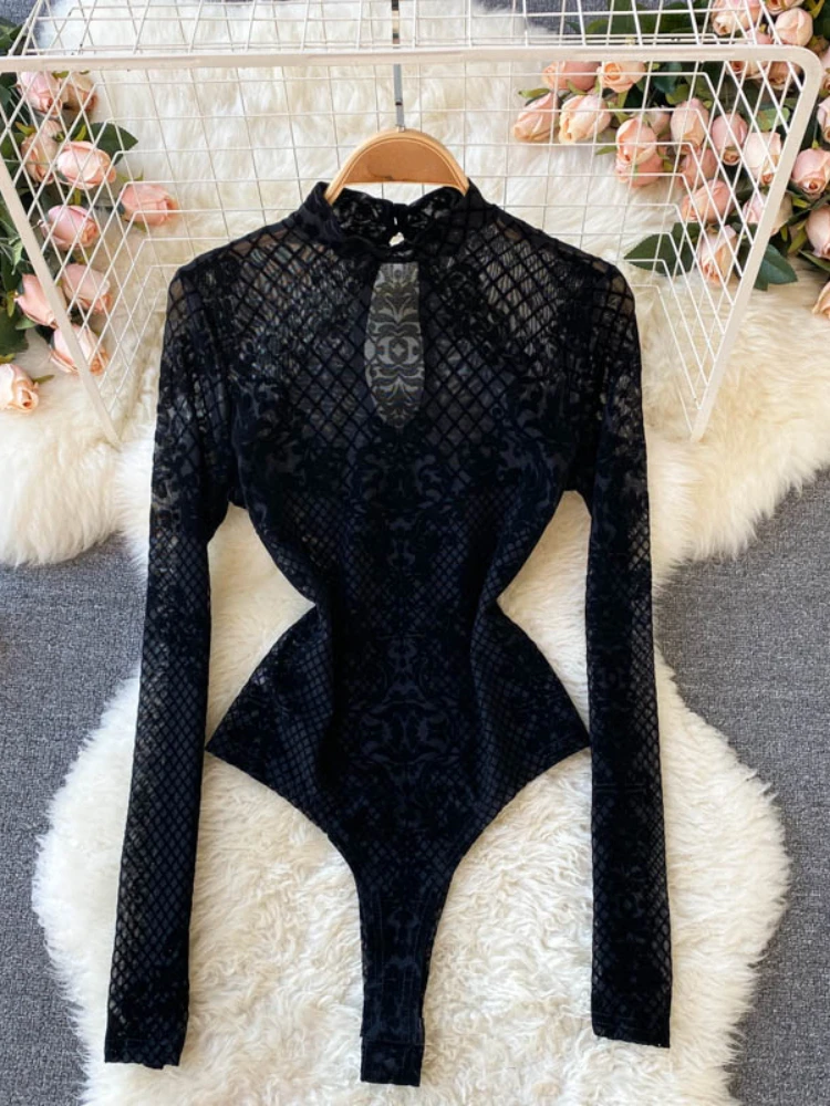 

Mesh Sensual Fashion Velvet Slim Playsuits Women Solid Vintage Bodycon Rompers Female Streetwear Y2K Chic Mesh Sexy Bodysuits