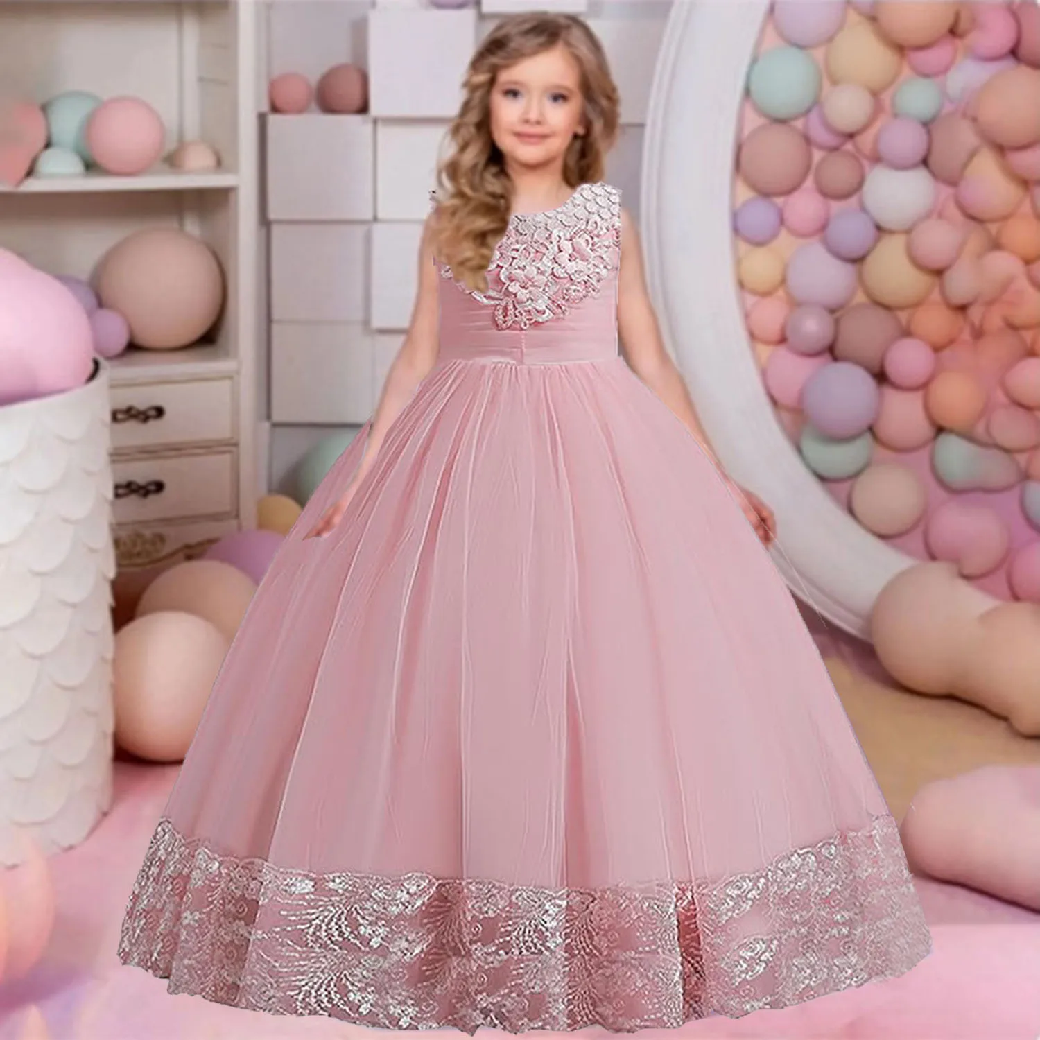 

Michella Fashion Little Big Girls 3D Flower Wedding Bridesmaid Flower Girl Birthday Party Pageant Formal Long Party Dress