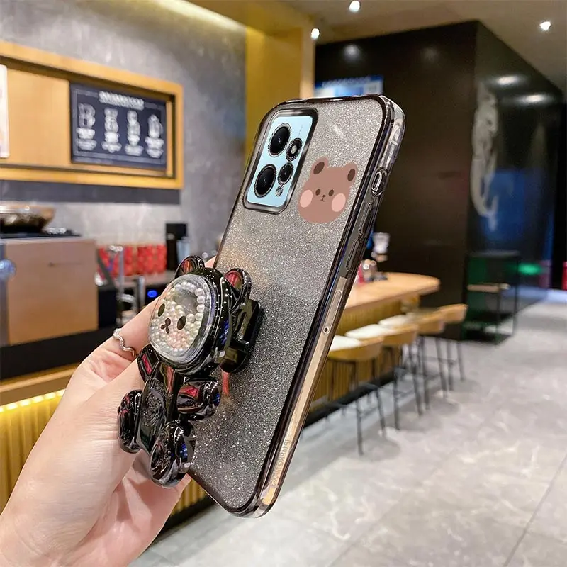 Note13 Glitter Bling Bear Phone Holder Case For Xiaomi Redmi Note 13 12 12S Turbo Pro Plus Redmi 12 12C 13C A1 4G 5G Stand Cover image 2