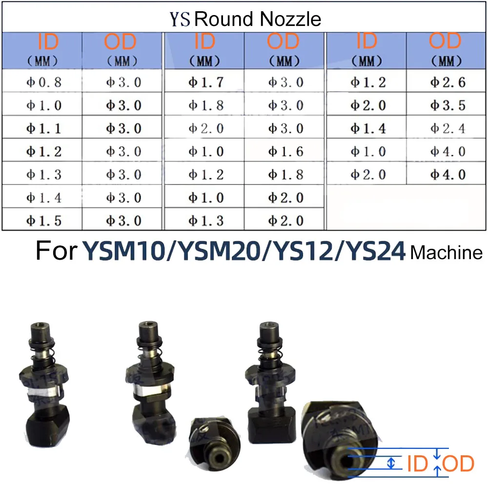 

YS12/24 SMT Nozzle Round Hole 0.8x3.0 1.0x3.0 1.1x3.0 1.2x3.0 1.3x3.0 1.5x3.0 1.7x3.0 1.8x3.0 2.0x3.0 2.0x3.5 Nozzle For Yamaha