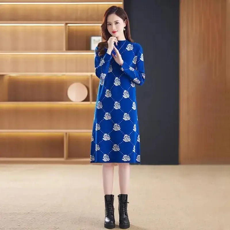 Gaun rajut wanita selutut model baru, gaun rajut musim dingin, Sweater panjang ramping, motif kebesaran, Busana baru, musim gugur, dan musim dingin, untuk wanita, 2023