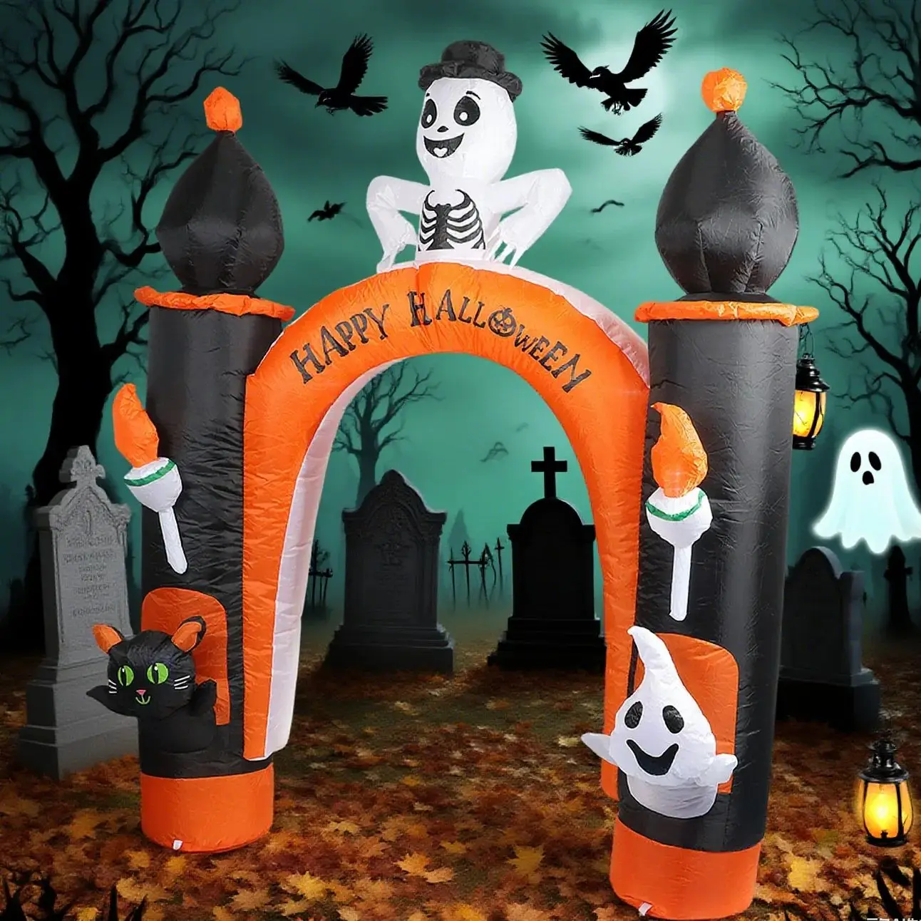 8FT Halloween Inflatable Arch with Ghost Black Cat with Torch BlowUp Halloween Archway Built-in 7 Led Lights for Halloween