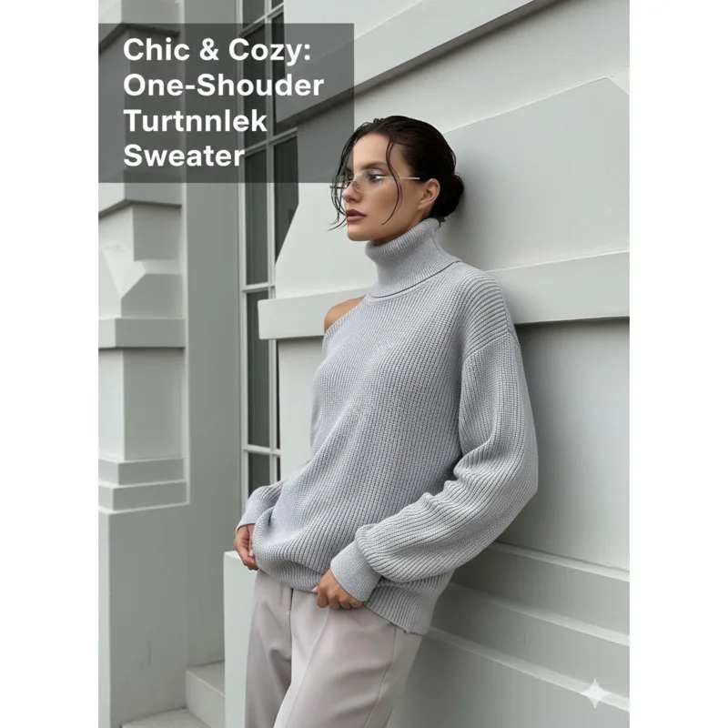 

Trendy Women's High Neck Sweater With Shoulder Cutout Ribbed Knit Loose Fit Pullover Long Sleeve For Autumn Winter Street Style