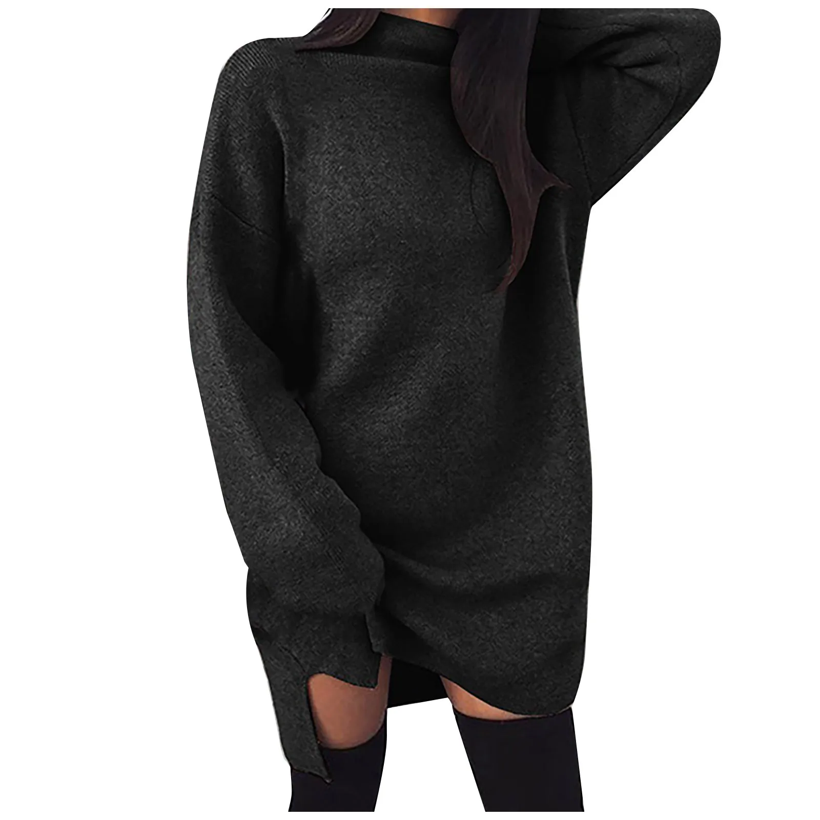 فستان كبير الحجم بنمط كسول النسخة الكورية بلون سادة كاجوال بياقة مدورة وأكمام طويلة للسيدات فستان منسوج ملابس الشارع