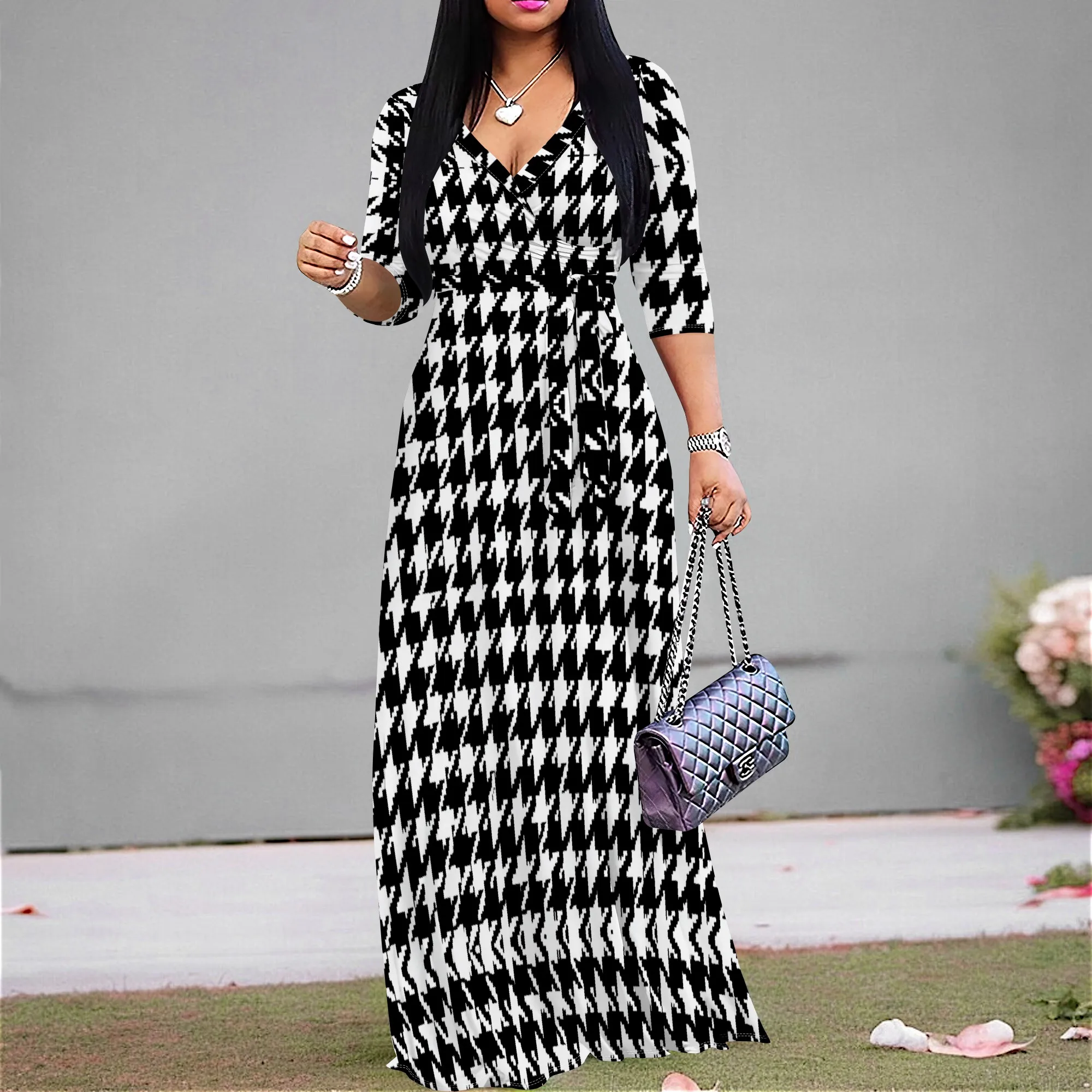 

Black and White Houndstooth Print Maxi Dress S-3XL V-Neck Belted for Fashion Show, Art Gallery or Evening Gala