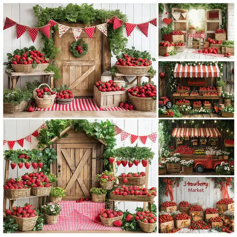 Barn Doors Strawberries Themed Backdrop Kids Baby Cake Smash Photography Props Child Adult Studio Backgrounds