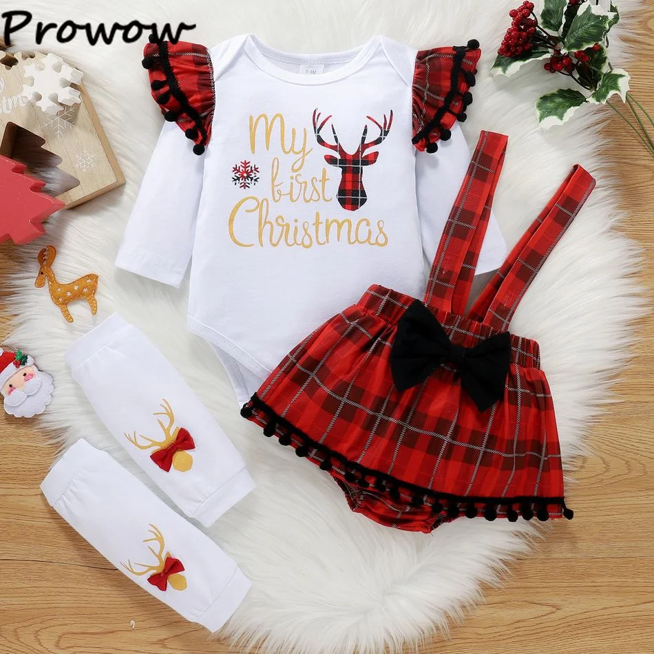 My First Christmas Baby Girl Outfits Tassel Sleeve Romper and Plaid Bodysuit Dress+Knee Pads Newborn Infants Christmas Clothes