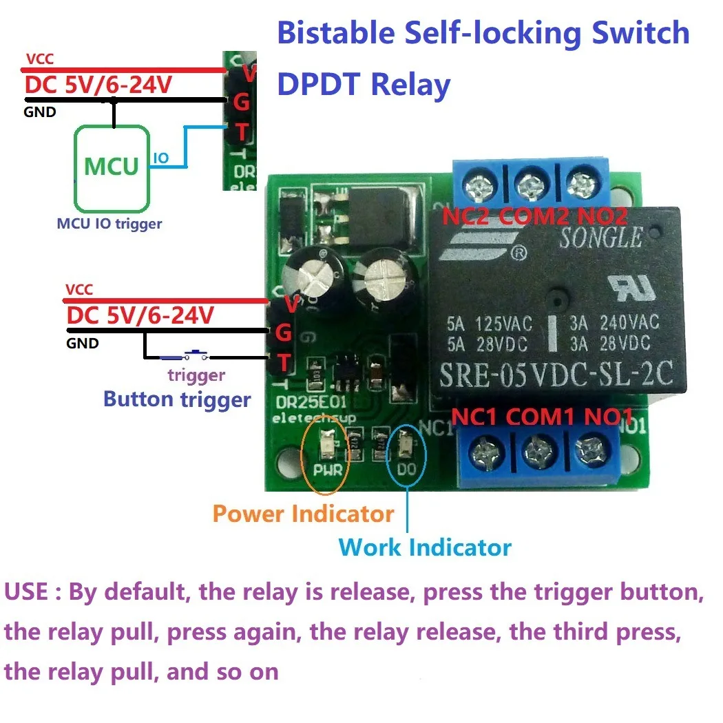 

Модуль реле DR25E01 5-24В 5А, двухполюсное двухпозиционное (DPDT), самоблокирующееся, бистабильное, для светодиодов, двигателей, умного дома