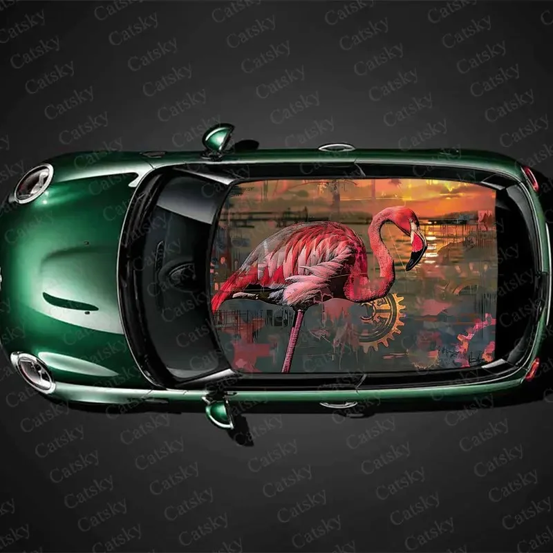 

Beach Pink Flamingos Print Car Roof Sticker Wrap Racing SUV Auto Accessories Packaging PVC Car Hood Graphic Decal Decoration