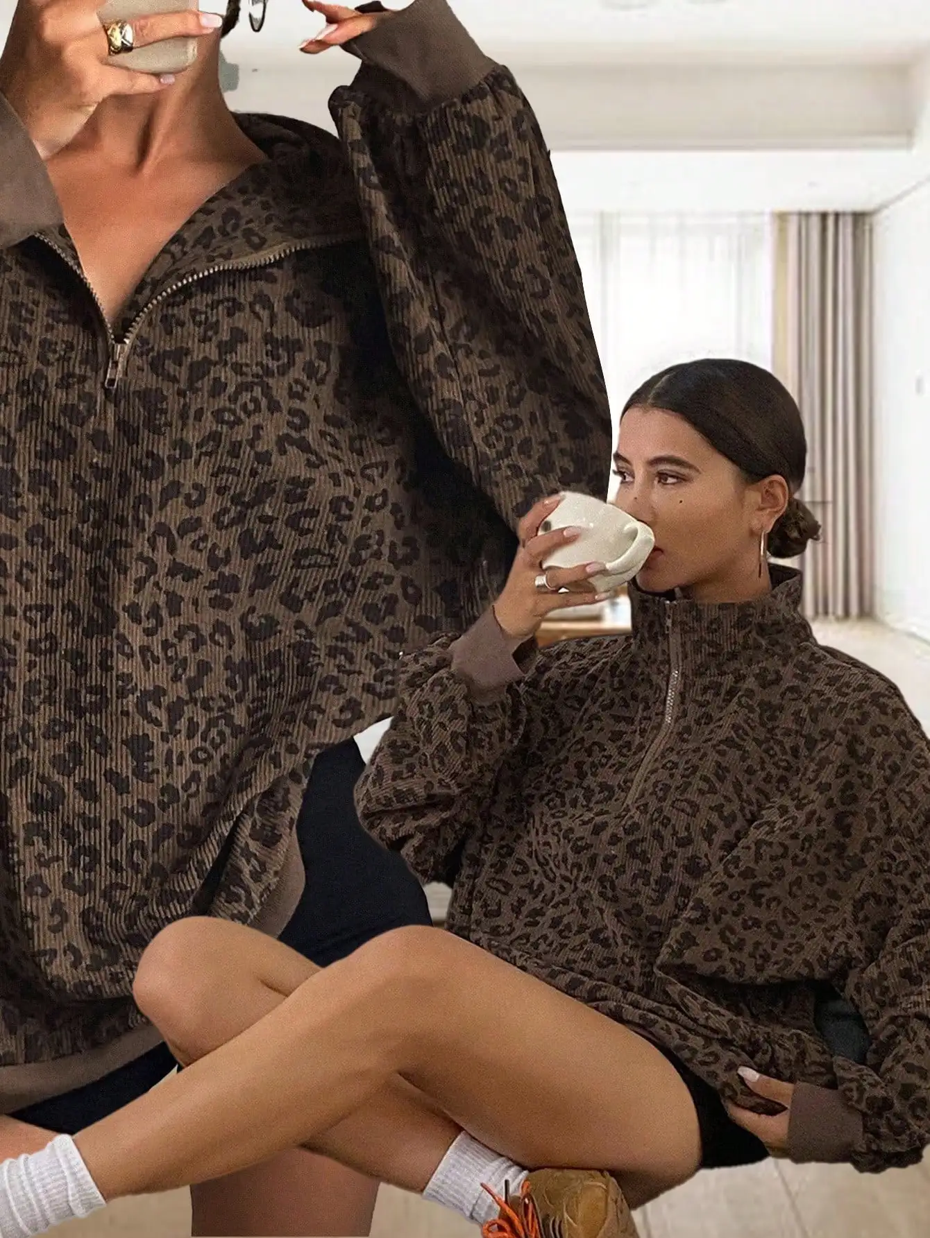 

Женская толстовка на молнии с леопардовым принтом, повседневная толстовка с длинными рукавами на осень-зиму, свободный крой