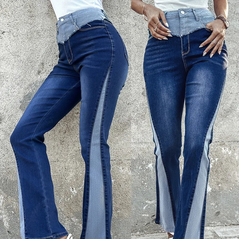 

2024 Spring Summer New Women's Clothing Fashion Stitching Contrast Color High Waist Drape Slim Fit Skinny Jeans