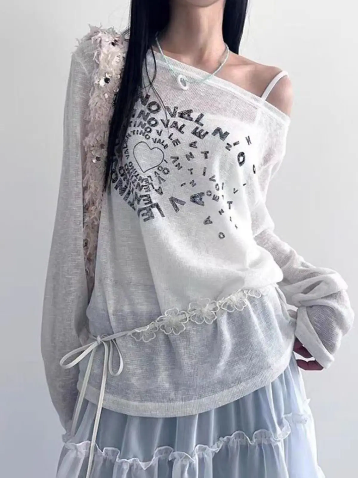Subculture Tunic Tshirt See Through Sexy T-shirts Y2k Women T Shirts Print Slash Neck Long Sleeve Tees Ropa Mujer Off Shoulder