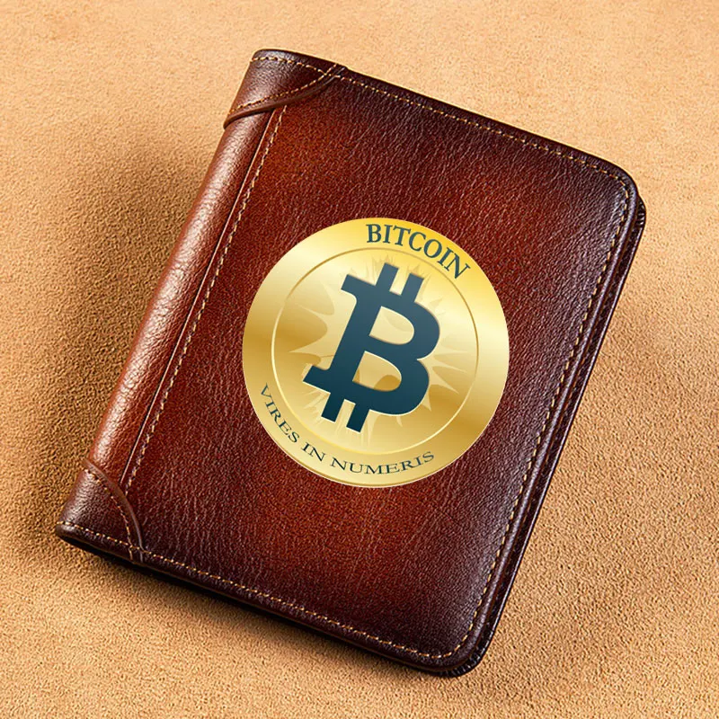 High Quality Genuine Leather Wallet Bitcoin Vires In Numeris Printing Standard Short Purse BK1307