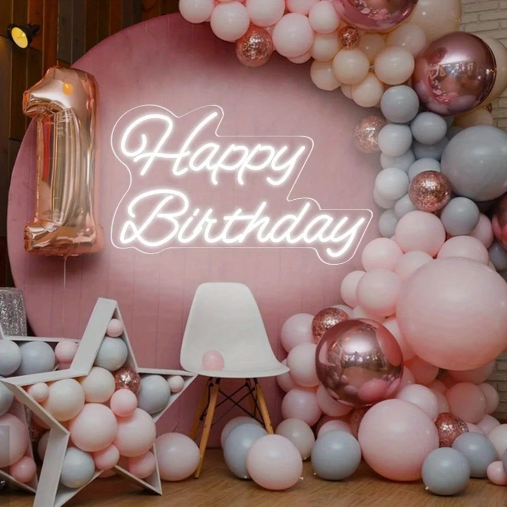 

Happy Birthday Neon Sign, Reusable Neon Happy Birthday LED Illuminated Sign, Dimmable On/Off, For Birthday Party Background Deco