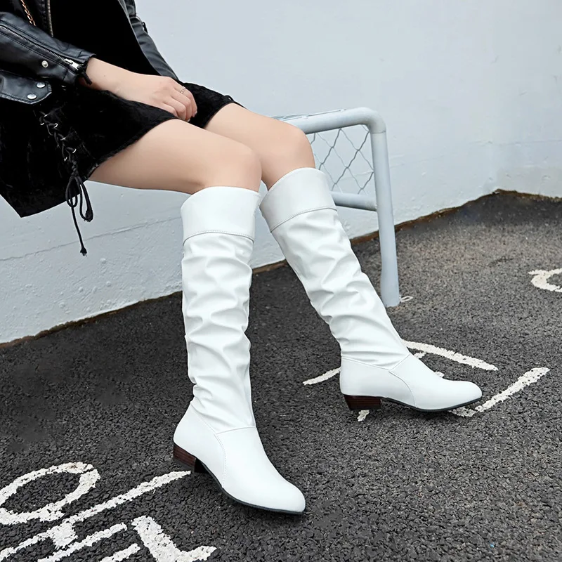 

Autumn and Winter New Women Knee High Boots Designer Low Heels Women Boots Fashion Black Leather Boots Plus Size Botas De Mujer