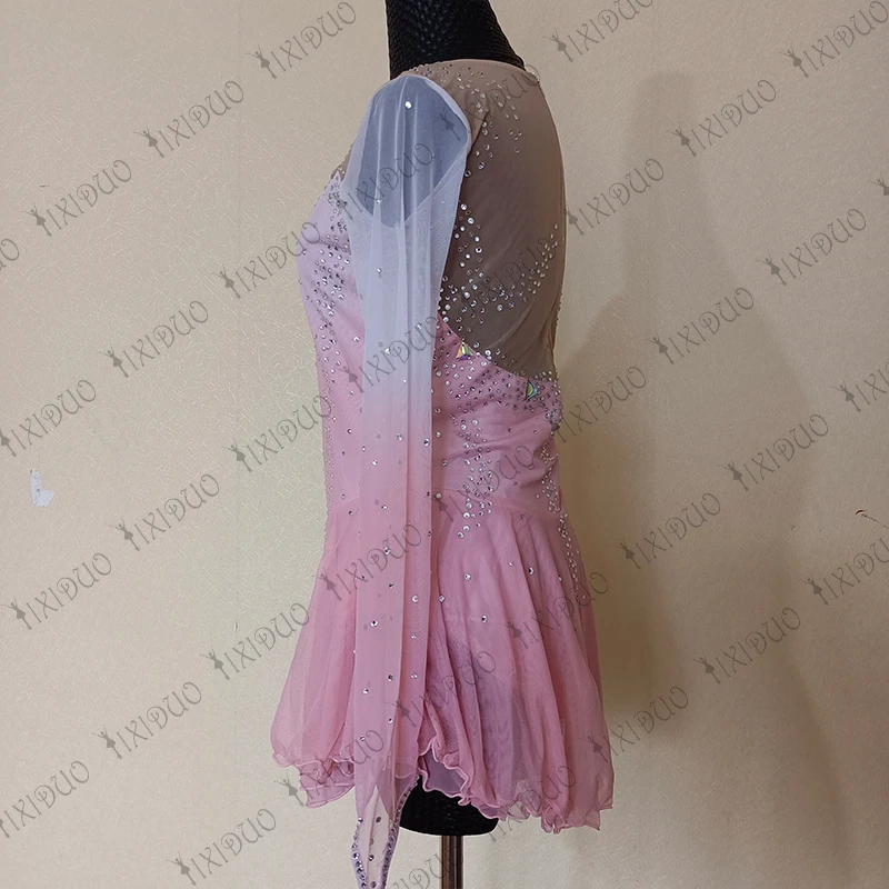Kids Adult Pink Gradient Figure Skating Dress Women Girls Long Sleeve Shiny Competition Ice Figure Skating With Rhinestones Wear