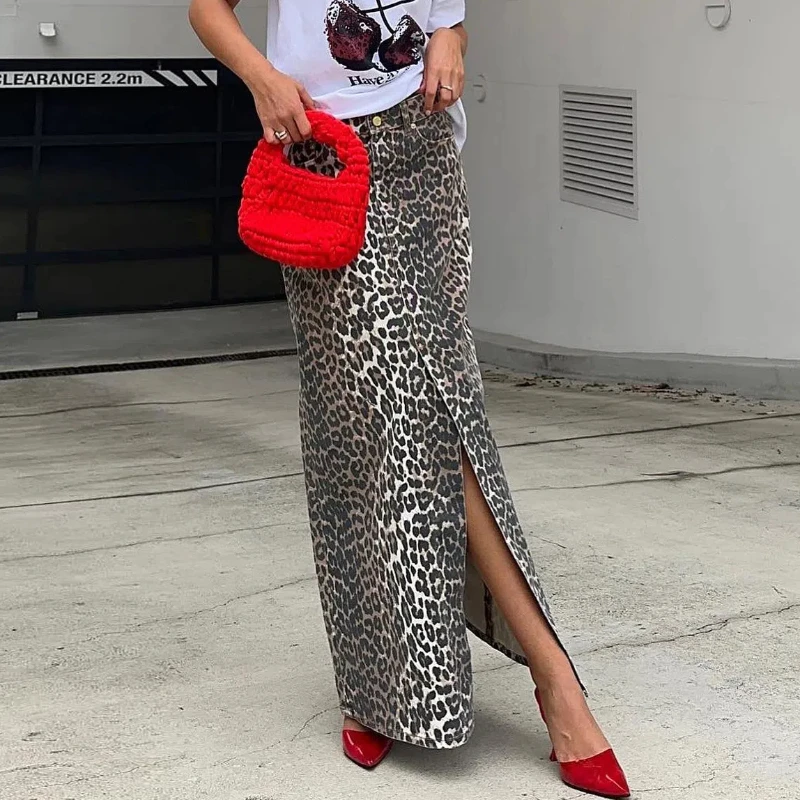 Commuting Style Pure Cotton Leopard Print Straight Leg and Ankle Skirt Fashionable New Long Skirt