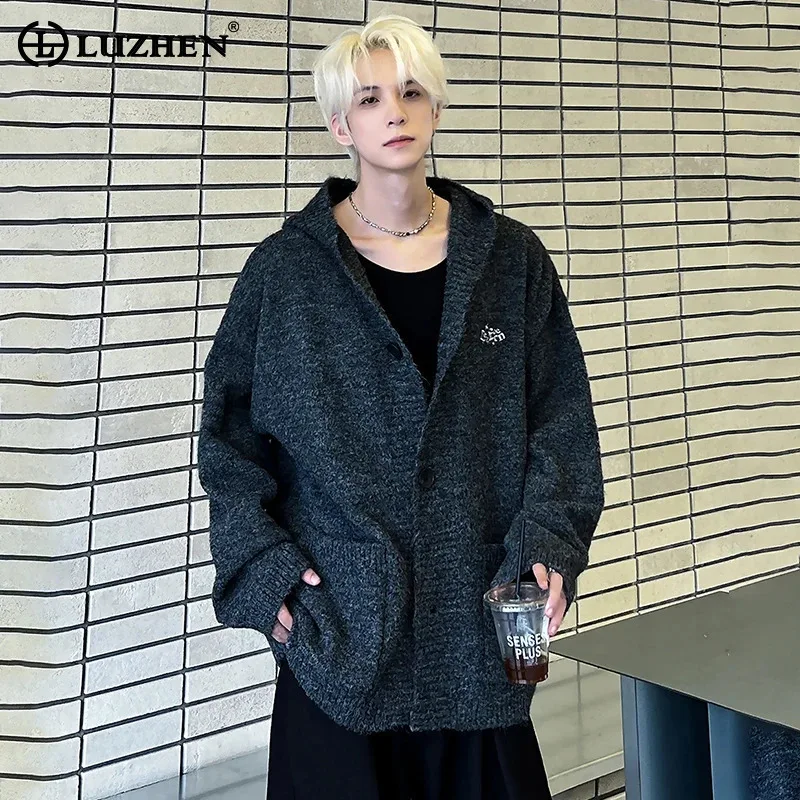 

LUZHEN 2025 осенний новый модный вязаный кардиган высокого качества с капюшоном, мужской оригинальный однотонный свободный повседневный свитер, мужской JY3559