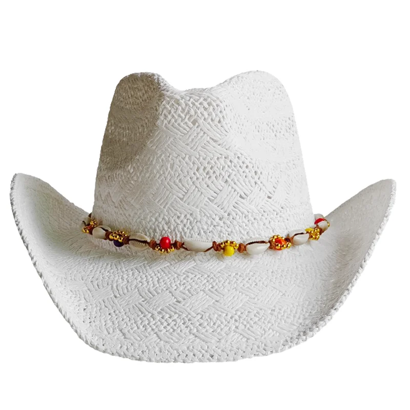 White Weave Western Cowboy Hat for Women Men Classic Vintage Hollow Out Unisex Curled Wide Brim Sun Hat Elastic Sweatband Cap