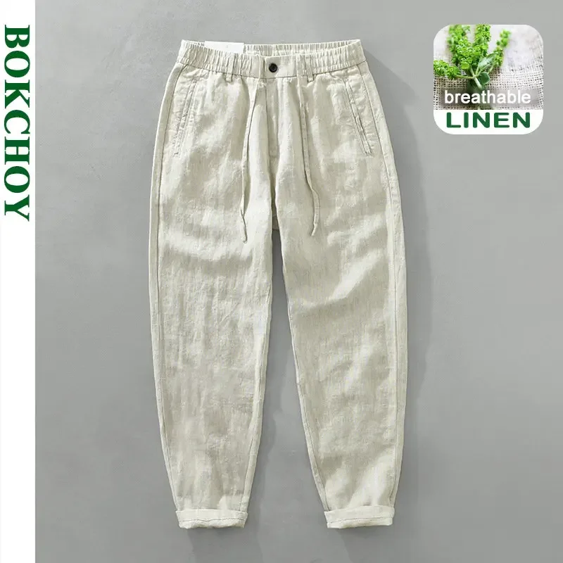 Letnie nowe 100% lniane spodnie męskie odzież cienka prosta oddychająca męskie spodnie Oversize C1606