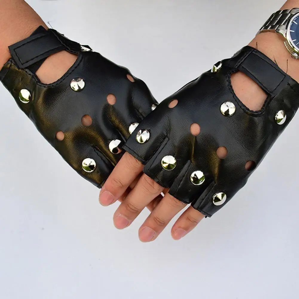 Men Unisex Artificial Leather Half-Finger Gloves Theatrical Punk Hip-Hop Driving Motorcycle Performance Party Fingerless Mittens